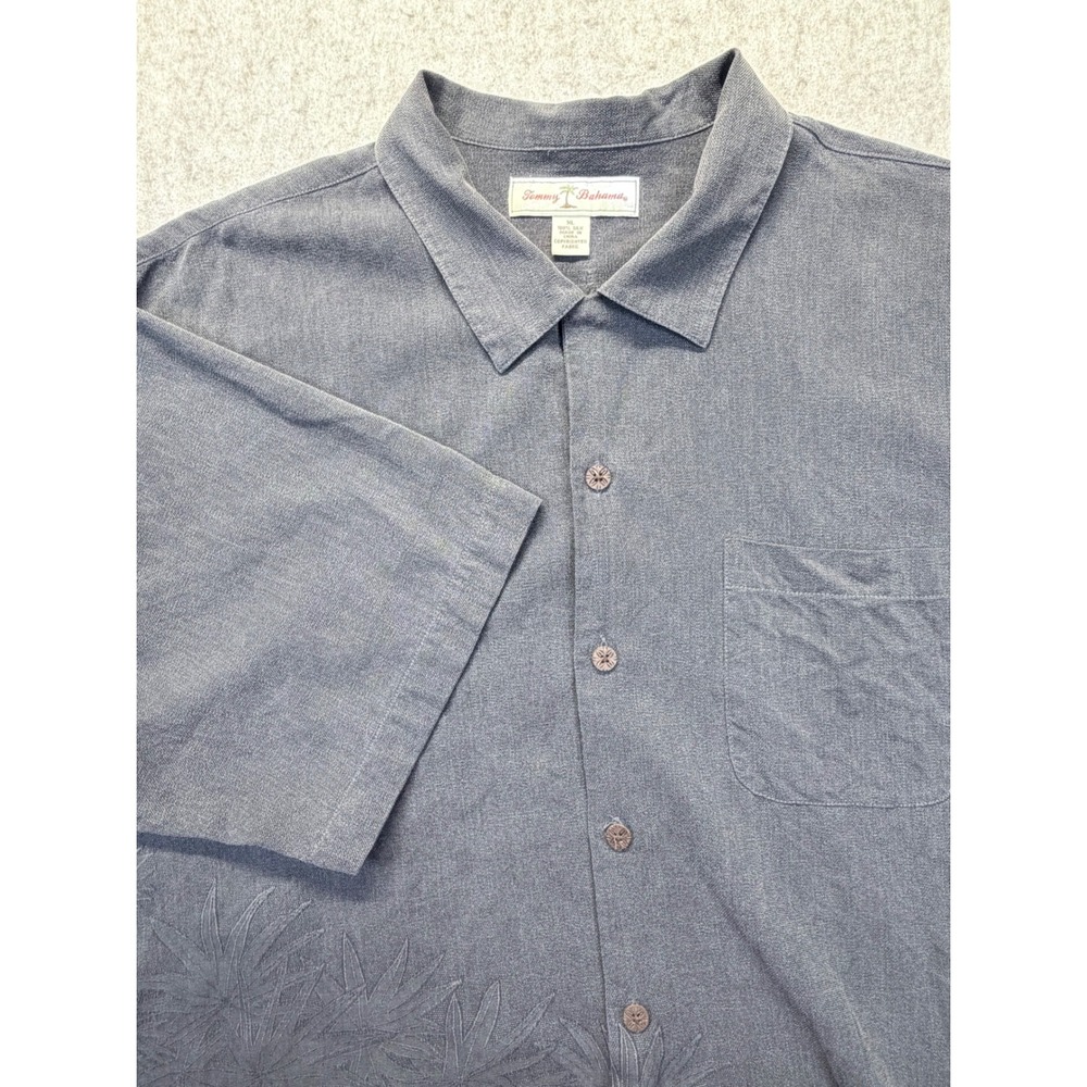 Tommy Bahama Button Up Shirt Mens XL Gray 100% Silk Embroidered‎ Palm Camp Shirt